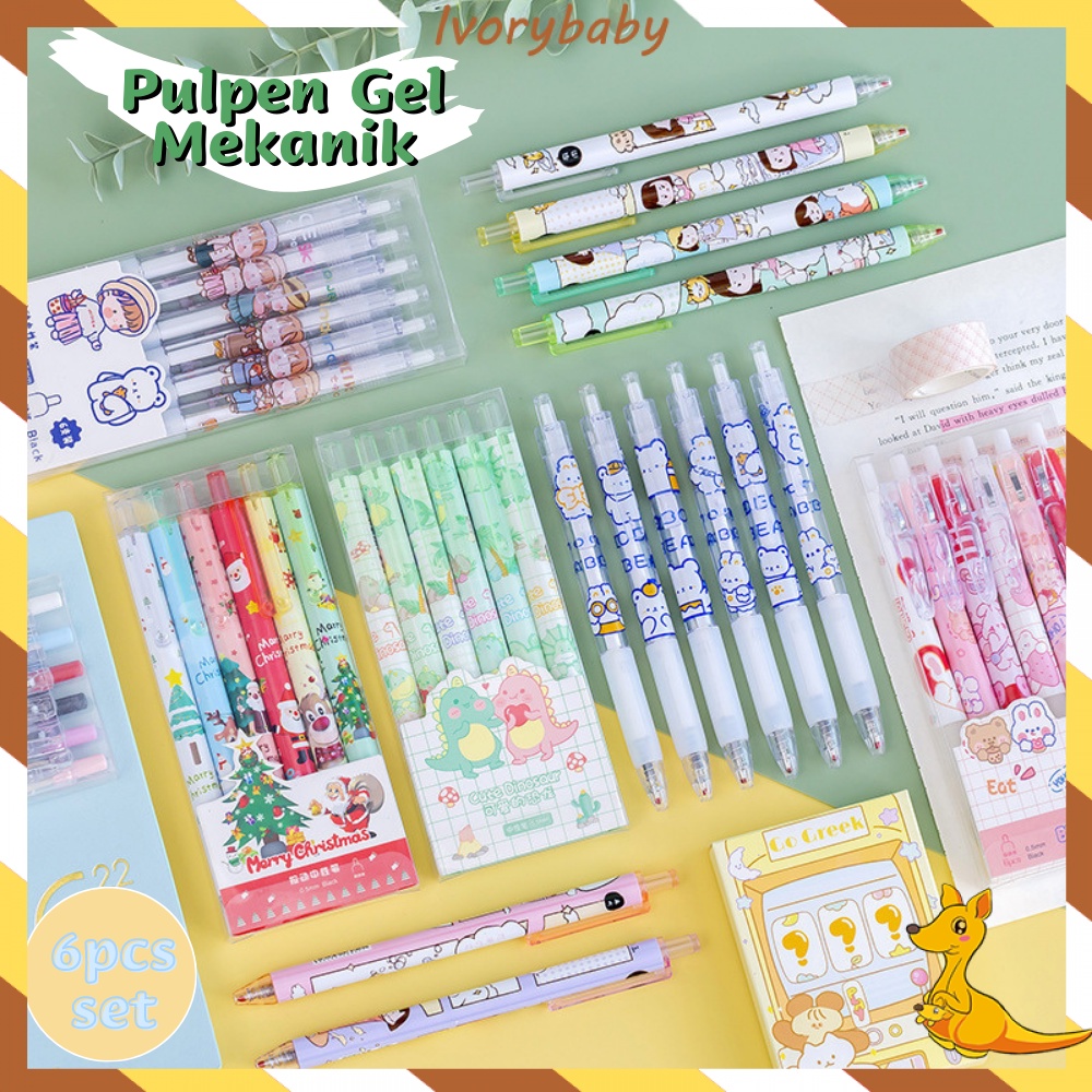 Ivorybaby 6pcs Pulpen gel mekanik 0.5mm Ballpoint gel mekanik import Pulpen aesthetic