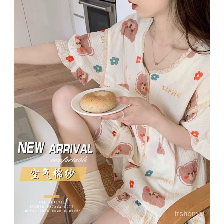 Jepang manis manis piyama musim panas wanita katun musim panas gadis renda renda katun linen gaya pu