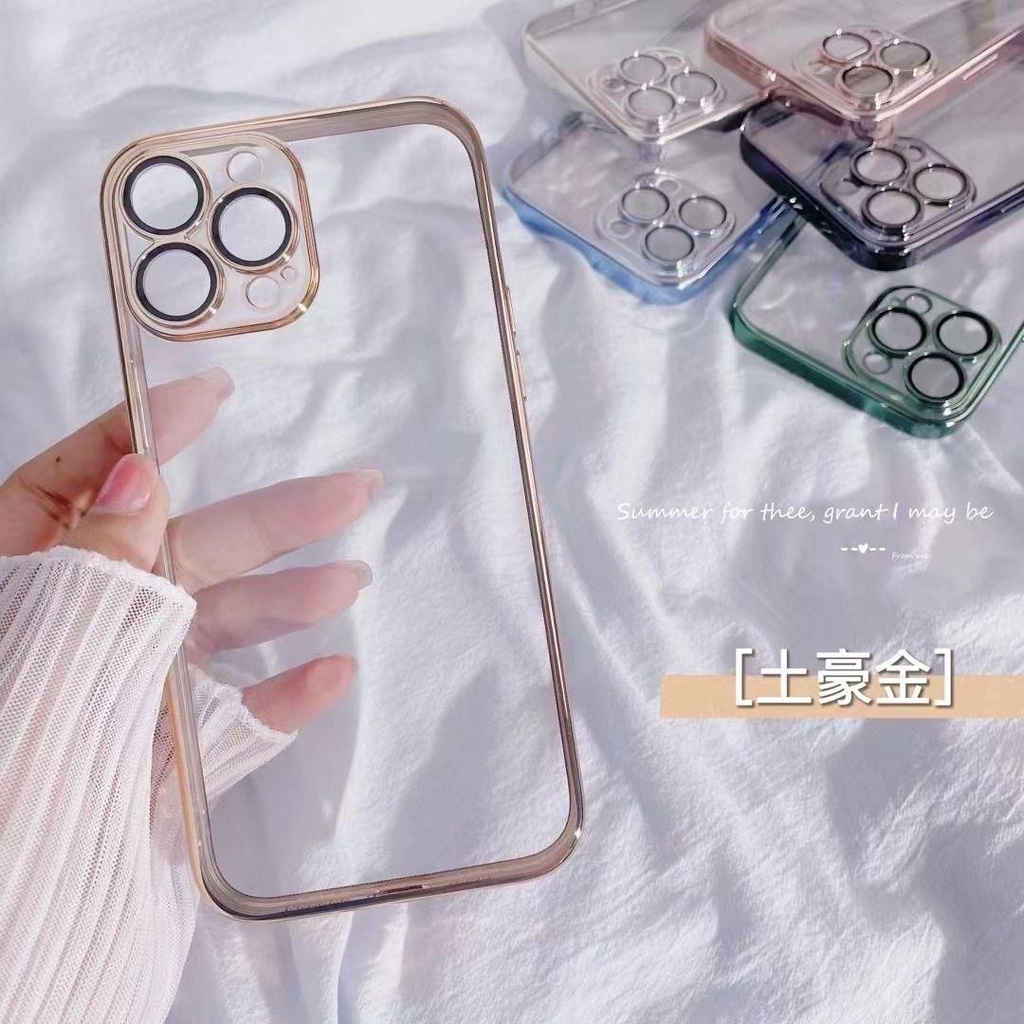 List Chrome iPhone 14 Promax 14 Plus 13 Pro 13 12 Pro 12 Soft Silicone Case Transparant Square EDGE + Pelindung Kamera