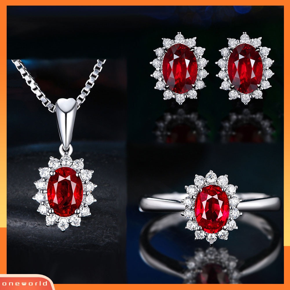 [oneworld] Wanita Berlian Imitasi Hias Oval Liontin Kalung Anting Cincin Terbuka Set Perhiasan