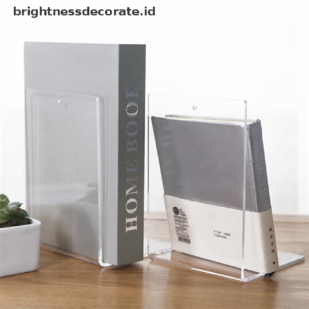 [Birth] 1pc Bookends Akrilik Bening Meja Berbentuk L Desktop Tempat Buku Alat Tulis Sekolah [ID]