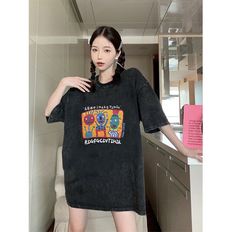 Kaos oversize hitam oversize lengan pendek Cartoon Animals washed baju wanita  graphic print T-shirt/kaos overzise