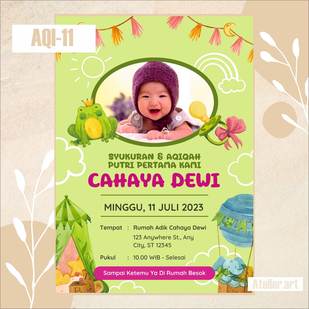 Undangan Digital Aqiqah AQI-11 Softfile Green Ukuran A4 | Atelier.Art
