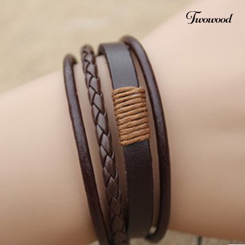 Twowood Unisex Vintage Retro Multilayer Braided Faux Leather Wristband Gelang Bangle