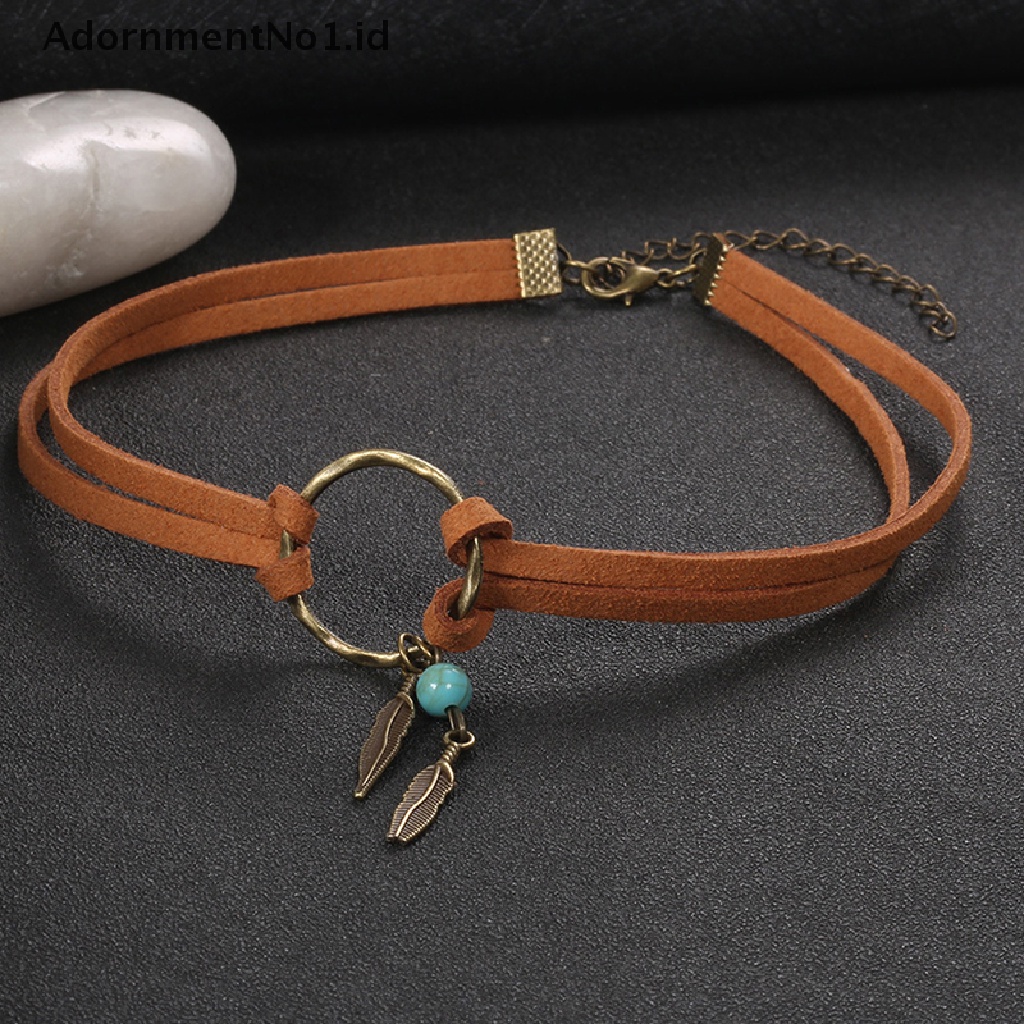 [AdornmentNo1] Wanita Bohemian Choker Boho Bulu Manik Liontin Kulit Coklat Rantai Kalung Fashion Lady Perhiasan Hadiah Pesta [ID]