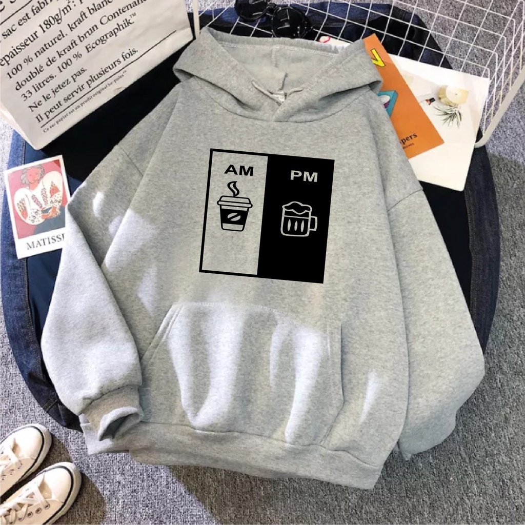 AM PM Coffee Cup Sweater Hoodie Jumper Wanita Size M-L-XL-XXL Bisa Bayar Ditempat (COD)