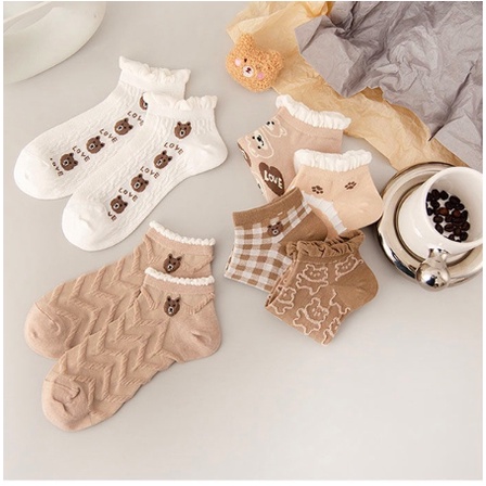 Kaos Kaki Wanita Motif Love Bear Coklat Kaos Kaki New Fashion Japanese Import