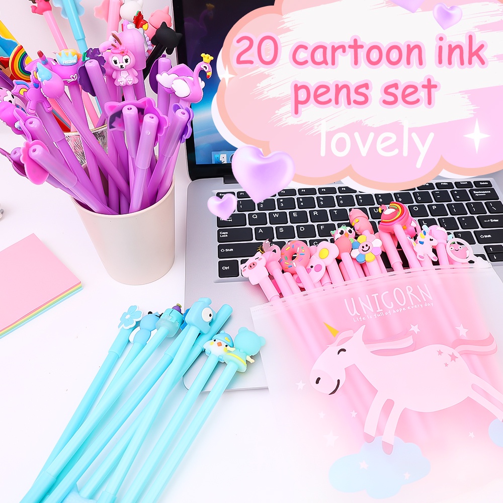 20pcs/set Pena Tinta Kartun Set Lucu Warna Permen 0.5mm Hitam Gel Pena Sekolah Kantor Tulis Alat Tulis Supplie Hadir Pulpen Untuk Anak-Anak