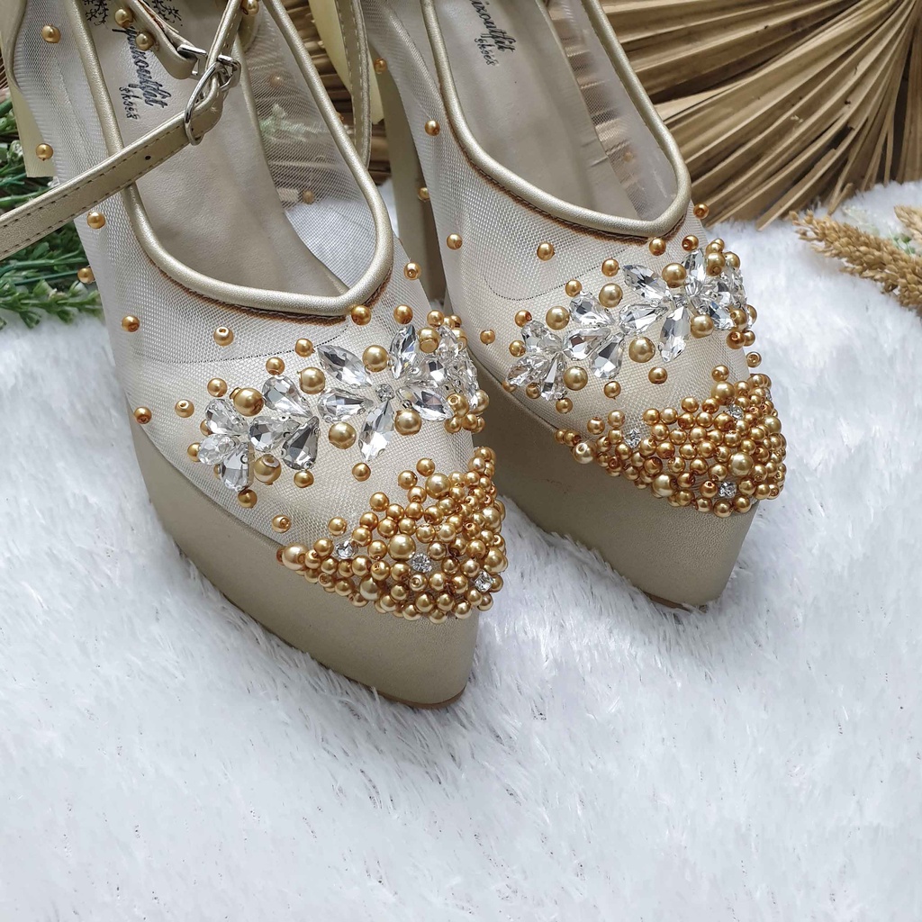 Sepatu wedding pesta cantik mingka gold 12cm tahu