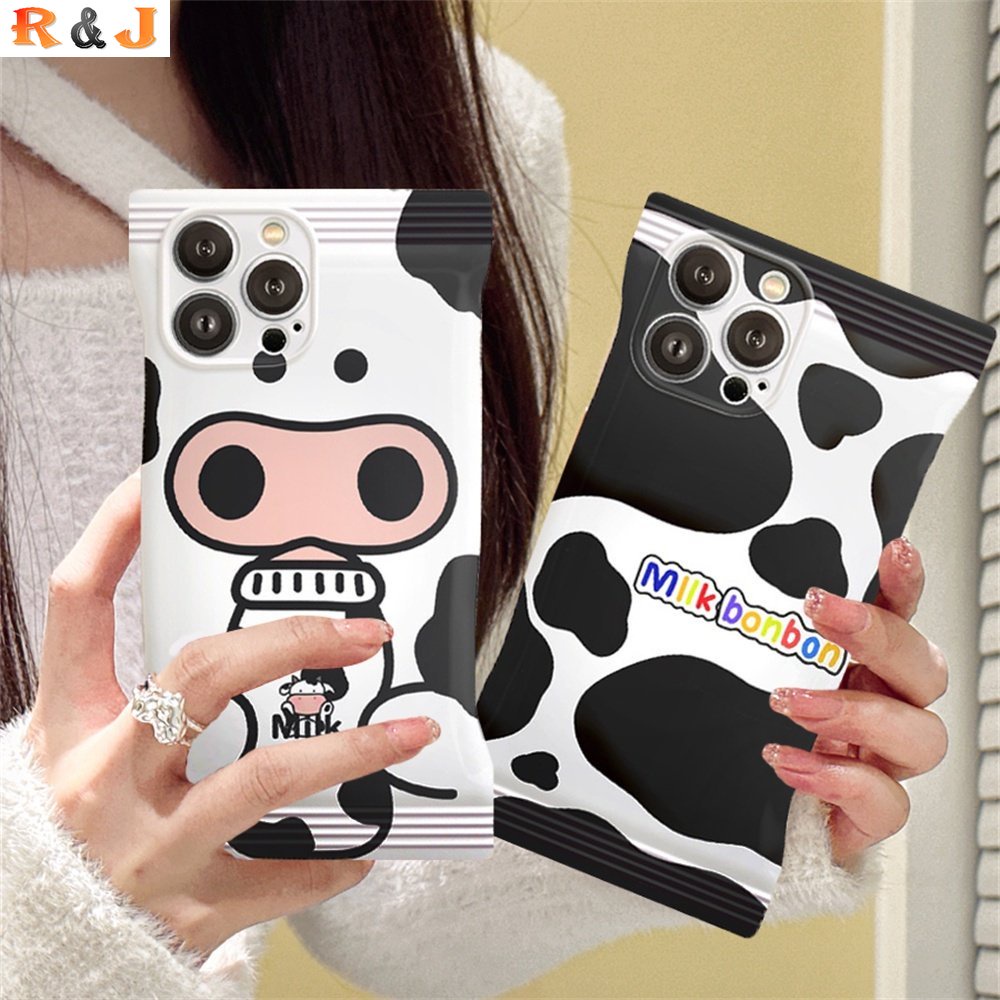IPHONE Soft Cow Case Kompatibel Untuk Iphone14 14Pro 11 13 12 Pro MAX iPhone7 8plus 6s Plus XR 14Plus XS MAX Permen Hitam Dan Putih Susu Rrint TPU Soft Phone Cover