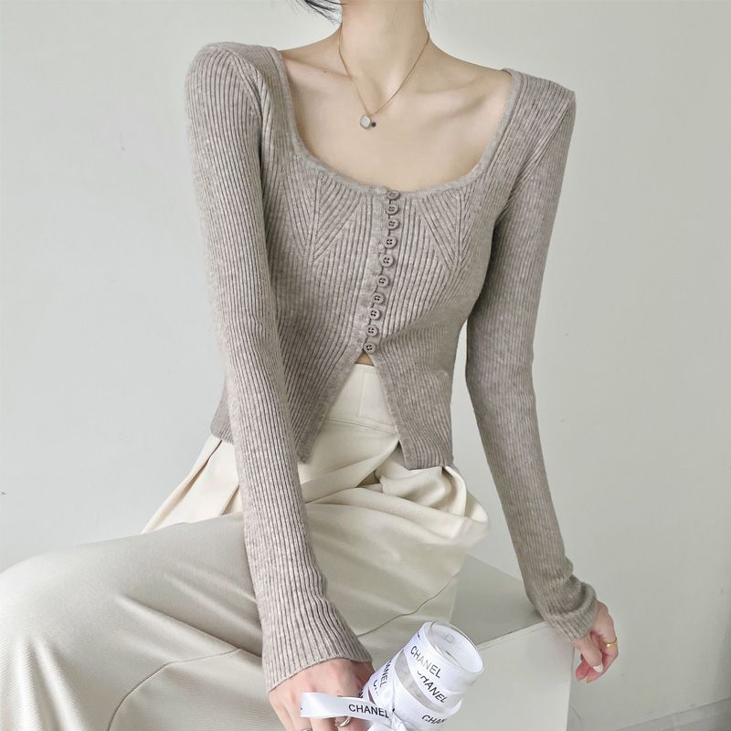 Red Retro Jepang Angin Lembut Pendek Slim Kecil Seksi Pakaian Rajut Atasan Lengan Panjang Di Dalam Bocor Klavikula Sweater Pakaian Wanita