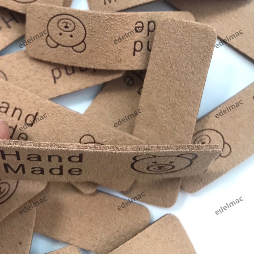 Label Handmade Kulit Lembut Tag Cute Teddy Bear Microfiber Soft Leather Jahit Tempel Tas Topi Syal DIY