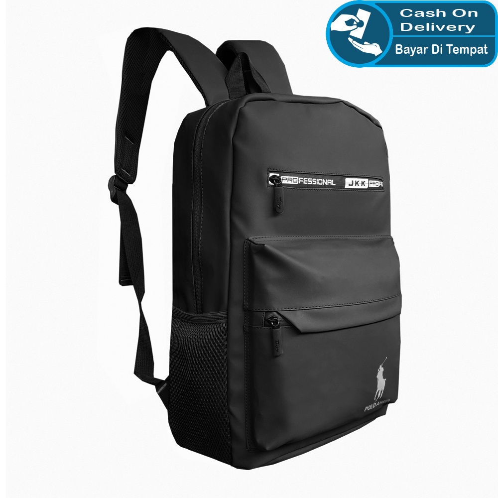 SHOPEE 6.6 SUPER SALE!! Tas Ransel POLO Import Anti Air Backpack unisex Tas Ransel Sekolah Kuliah dan Outdoor P1980 - Black + Raincover