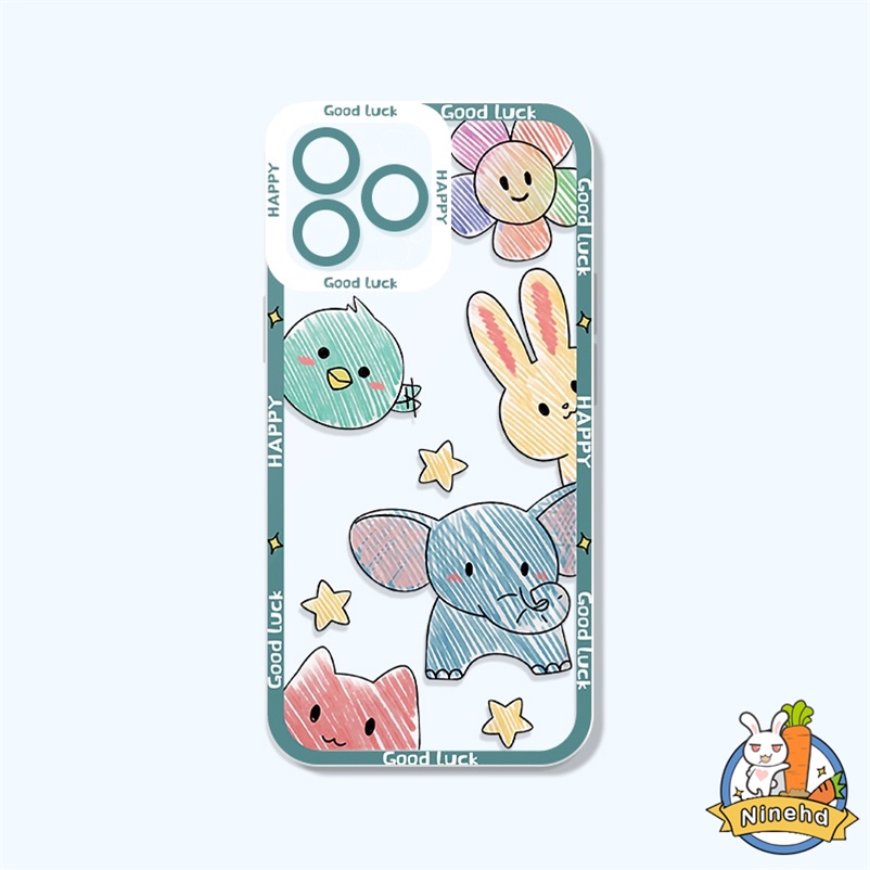 Casing Compatible for Iphone 14 13 12 11 Pro Max Xr Xs Max 7 8 Plus SE 2020 Gambar Kartun Lucu Cute Happy Cartoon Animal Four-corner Anti-drop Anti-dirty Soft  TPU Phone Case