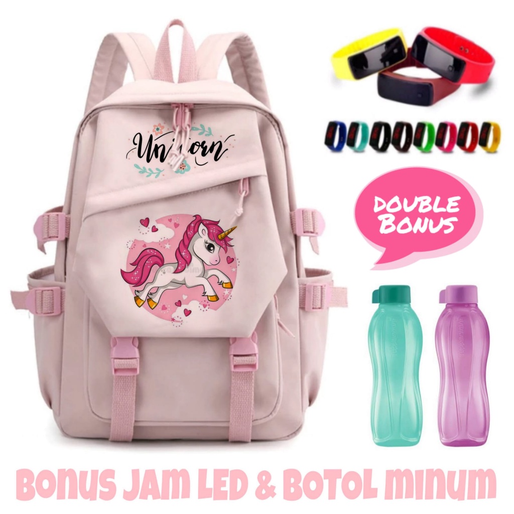 tas anak cewe ( bonus jam led dan botol ) - tas ransel anak perempuan - tas sekolah anak tk dan sd