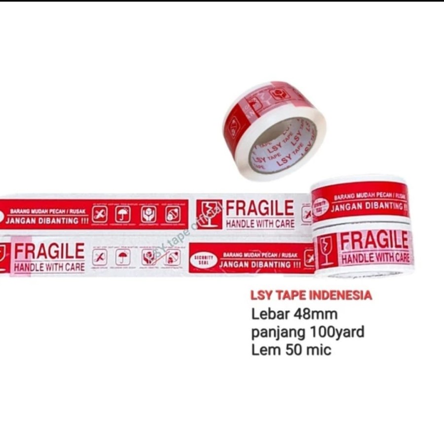 LAKBAN FRAGILE MERAH PUTIH 2 IN 1 100 YARD LSY TAPE INDONESIA