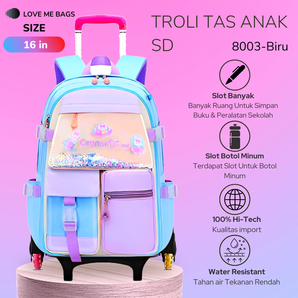 Tas Troli Roda 3 Anak Sekolah Perempuan SD Remaja Import Bisa Lepas Pasang Bahan Parasut Import Tebal Gratis Raincover