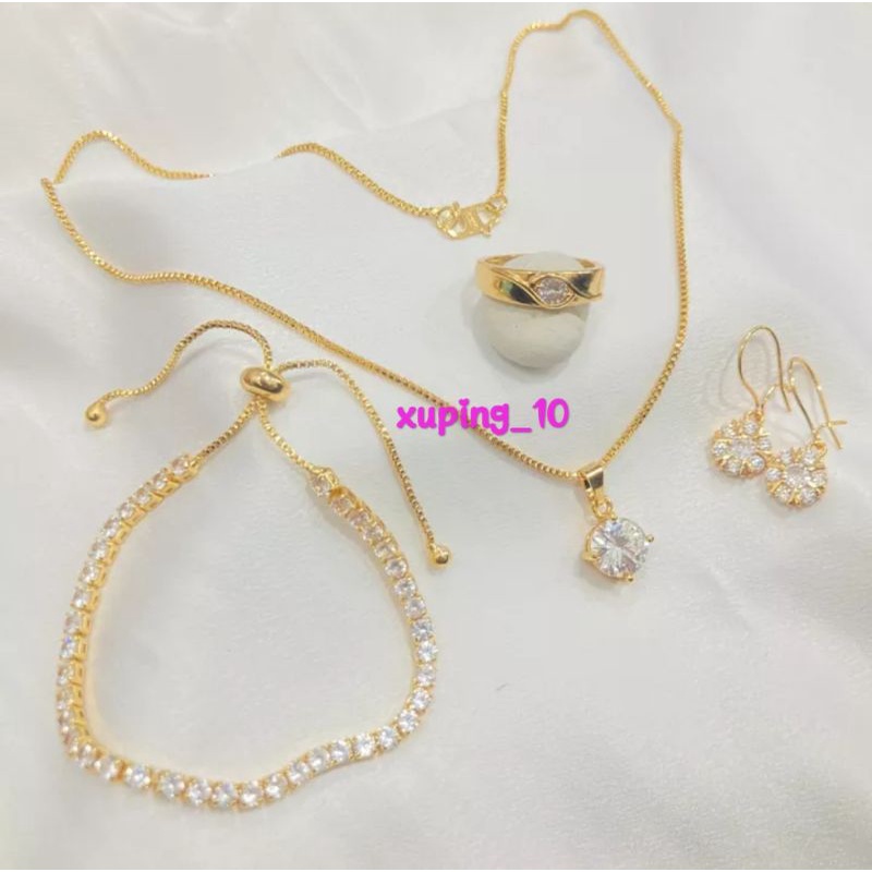 Set Perhiasan Mata Satu Wanita Dewasa Aksesoris Lapis Emas Xuping Kalung Anting Cincin Gelang Serut