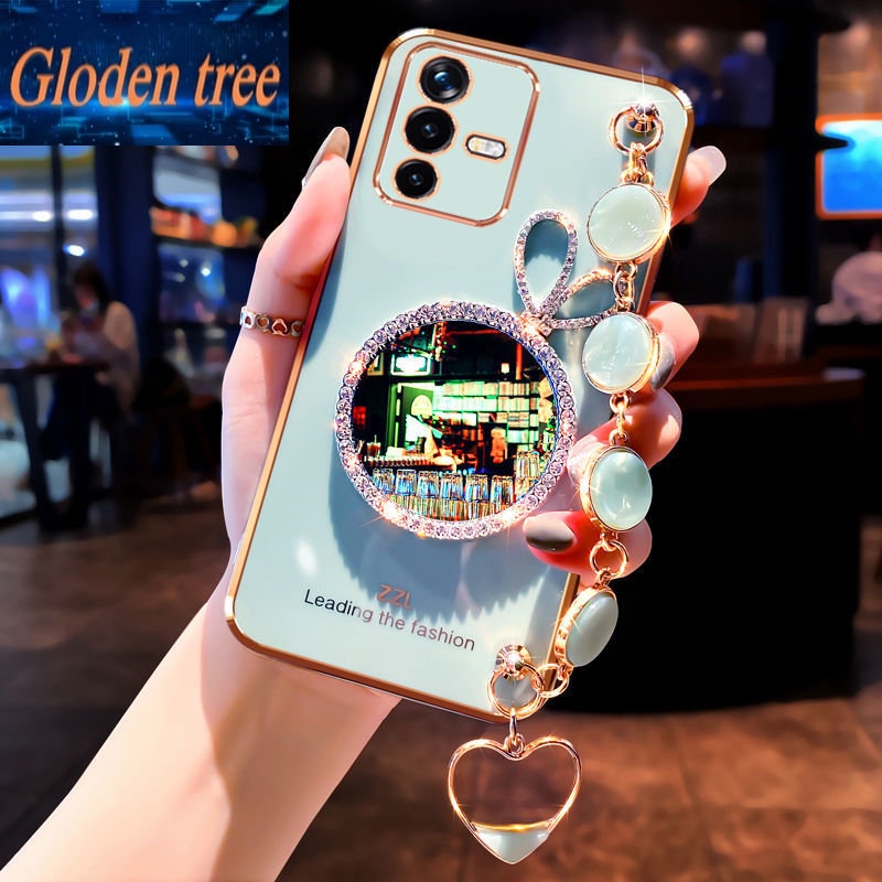 Casing Ponsel Pohon Gloden Untuk Vivo V19 Y73 4G Y72 Y52S Y31S Y7S Y50 Y70S Y97 Z3I Shell Rabbit Vanity Mirror Dengan Gelang Permata