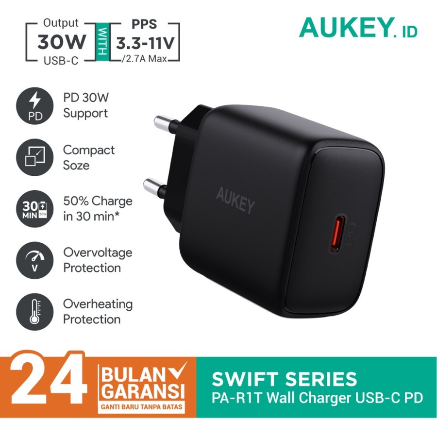 Aukey Wall Charger Swift Series Type C PD 30W - 501644 - PA-R1T - Garansi Resmi 2 Tahun