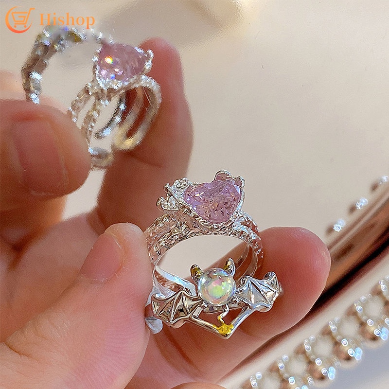 Y2k Batu Permata Terbuka Cincin Untuk Wanita Sayap Malaikat Bubuk Kristal Hati Drop Minyak Cincin Set Fashion Perhiasan Aksesoris