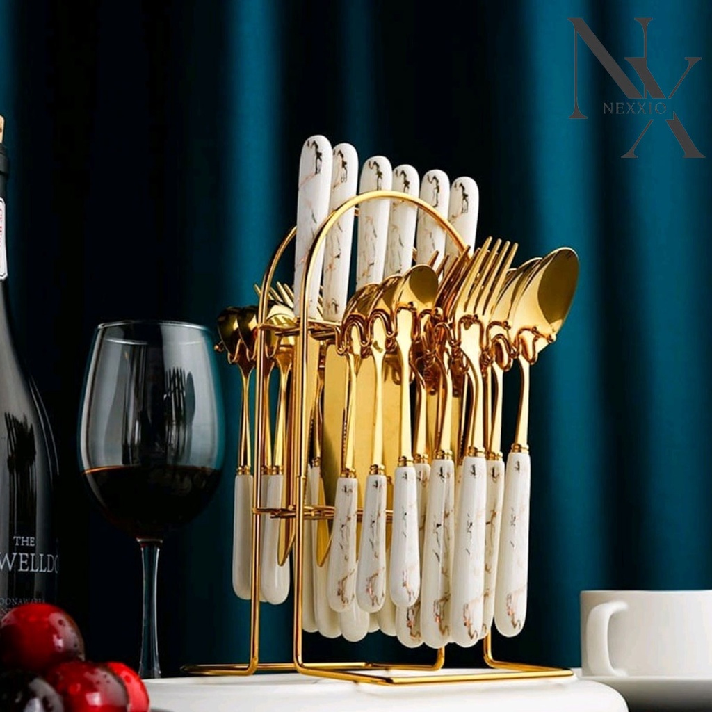 NEXXIO Sendok Sultan set Marble / Peralatan MAkan Sendok Set Keramik / Cutlery Set / Sendok Gold Marble / Sendok Garpu Set.