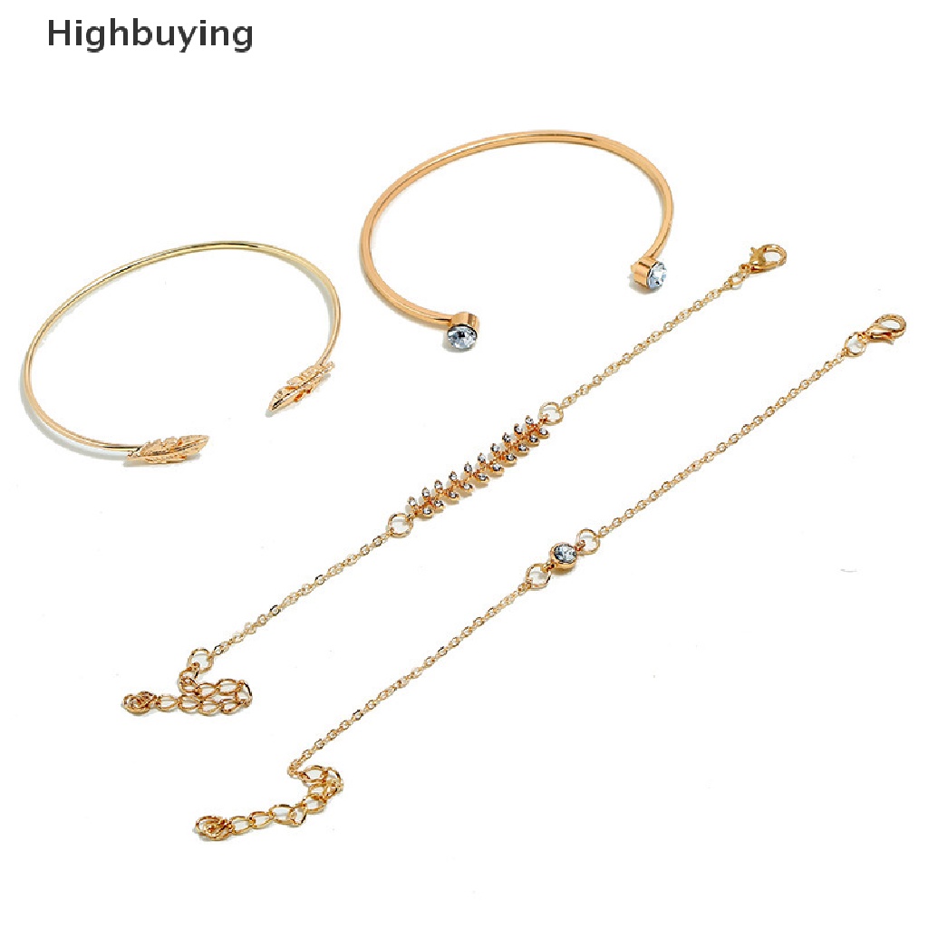 Hbid 4Pcs/set Fashion Wanita Geometris Kristal Daun Gelang Adjustable Bangle Perhiasan Glory