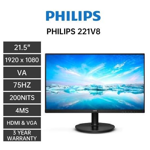 Monitor LED Philips 221V8A 22&quot; 1080p VGA HDMI Speaker 75Hz VESA TOP