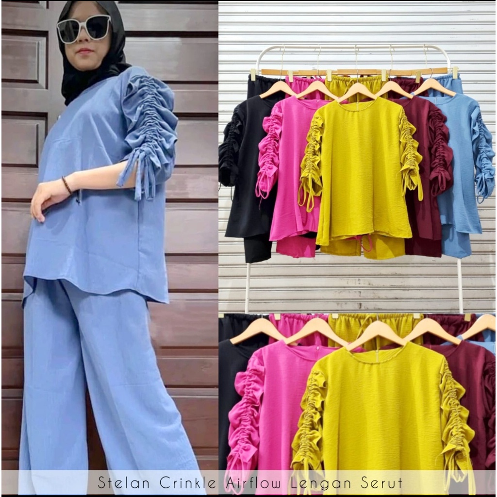 DELLA SET CRINKLE AIRFLOW LENGAN SERUT // SETELAN CELANA LD 110 BAHAN CRINKLE AIRFLOW // SETCEL LENG