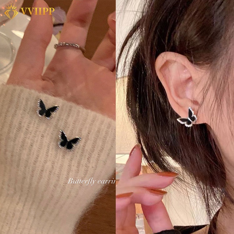 Anting Tusuk Bentuk Kupu-Kupu Warna Hitam Berkilau Untuk Wanita Aksesoris Perhiasan Simple