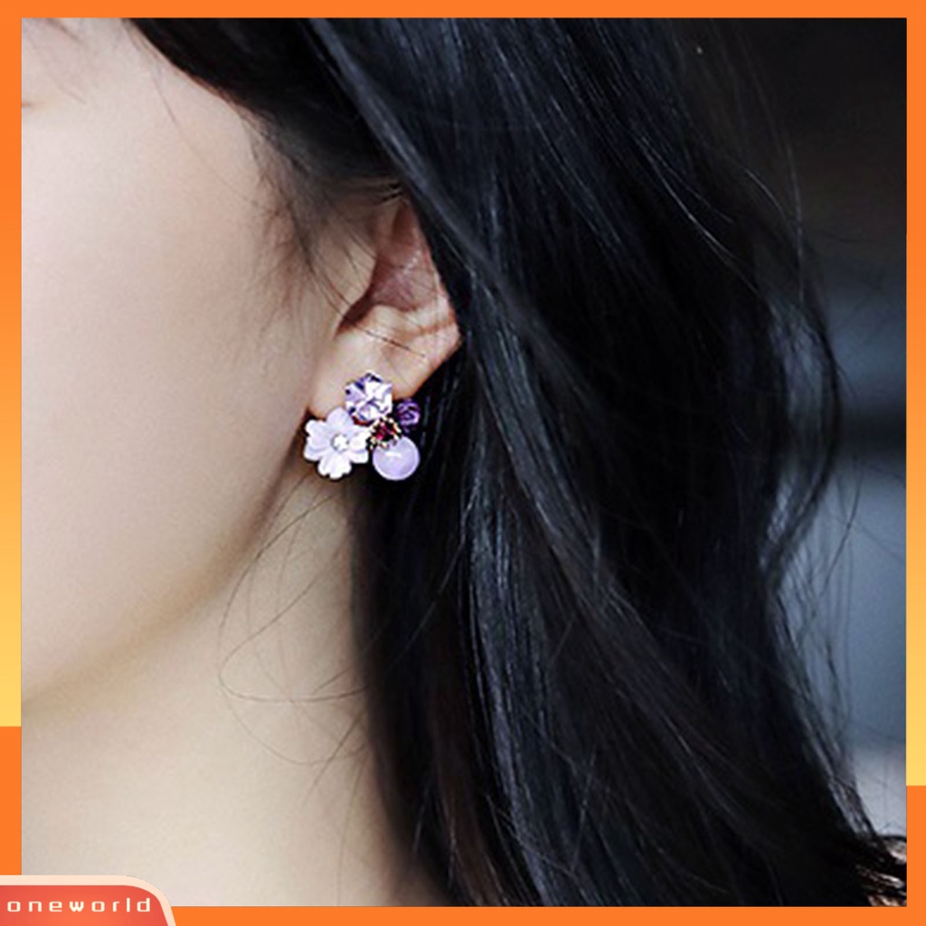 {oneworld} 1pasang Indah Menawan Wanita Anting Hadiah Berlian Imitasi Ungu Bunga Stud Earrings Perhiasan Aksesori