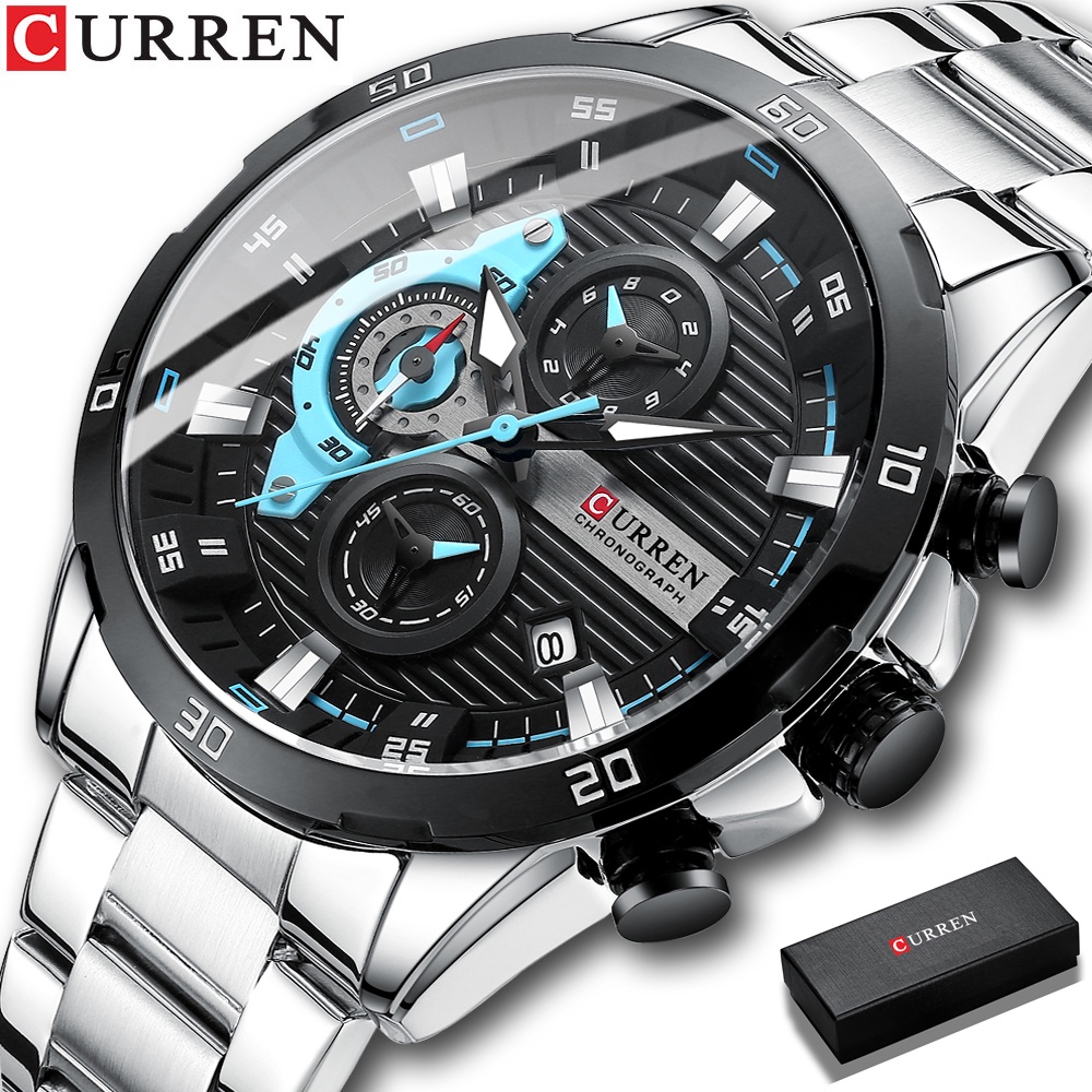 CURREN Jam Tangan Pria Original Modis Analog Luxury Stainless Steel Crononya Aktif Tahan Air Jam Tangan Cowok Bercahaya Arloji (KOTAK GRATIS)