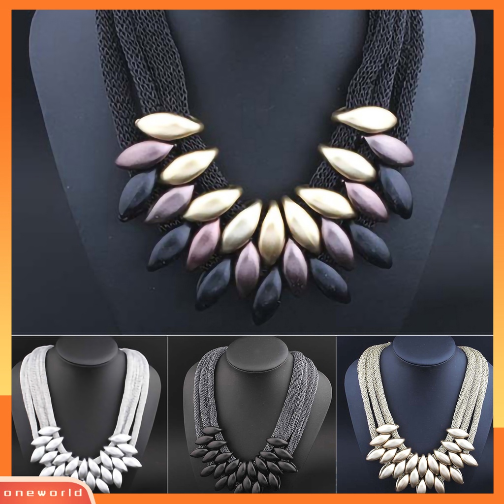 {oneworld} Bib Kalung Multi-layer Braided Alloy Liontin Daun Statement Choker Necklace Untuk Pesta