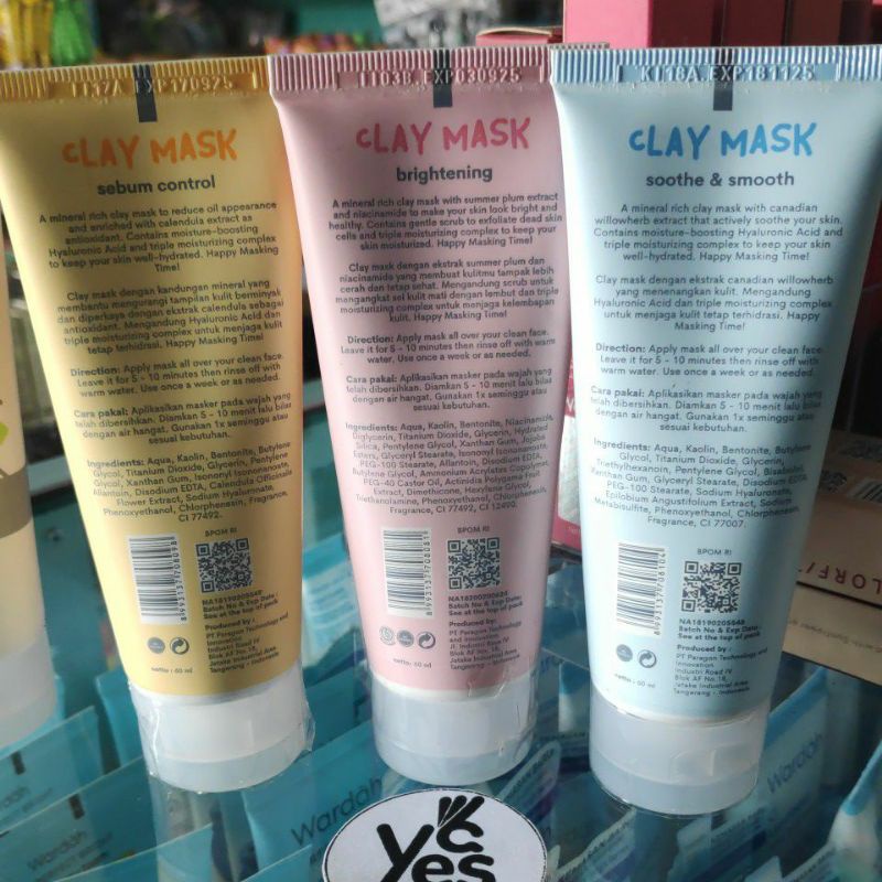 Emina Clay Mask 60ml Masker Wajah Scrub non skrab Pink Brightening Kuning Sebum Oil Control Biru Soothe &amp; smooth remaja