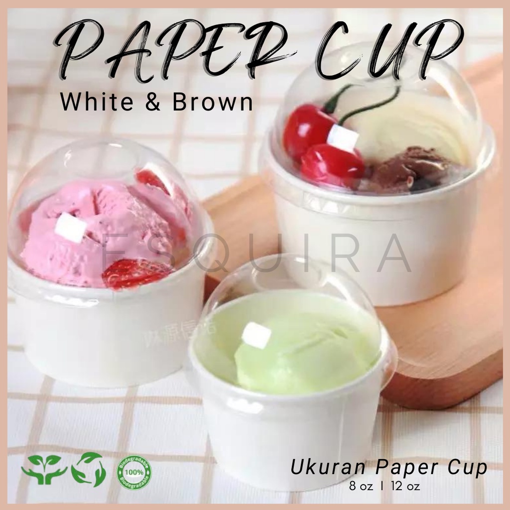 Kraft Paper Cup / Ice Cream Cup + Dome Plastic Lid / Kraft Lid / 10 pcs