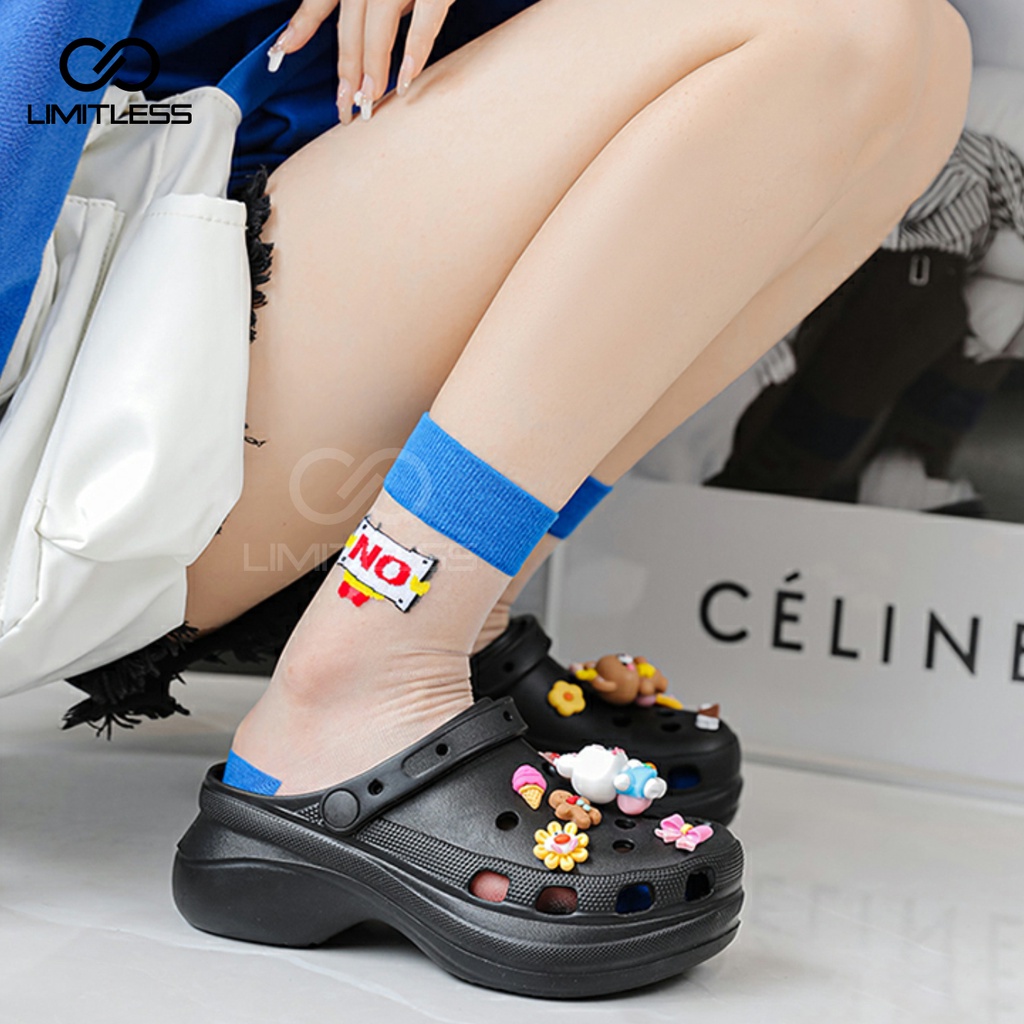 Sandal Wanita Selop Jibbitz Eva Rubber Sandal Fuji Wanita Wedges Platform Slop Viral Tebal Korean Style Sendal Bakpao Cewek Slip On Wedges