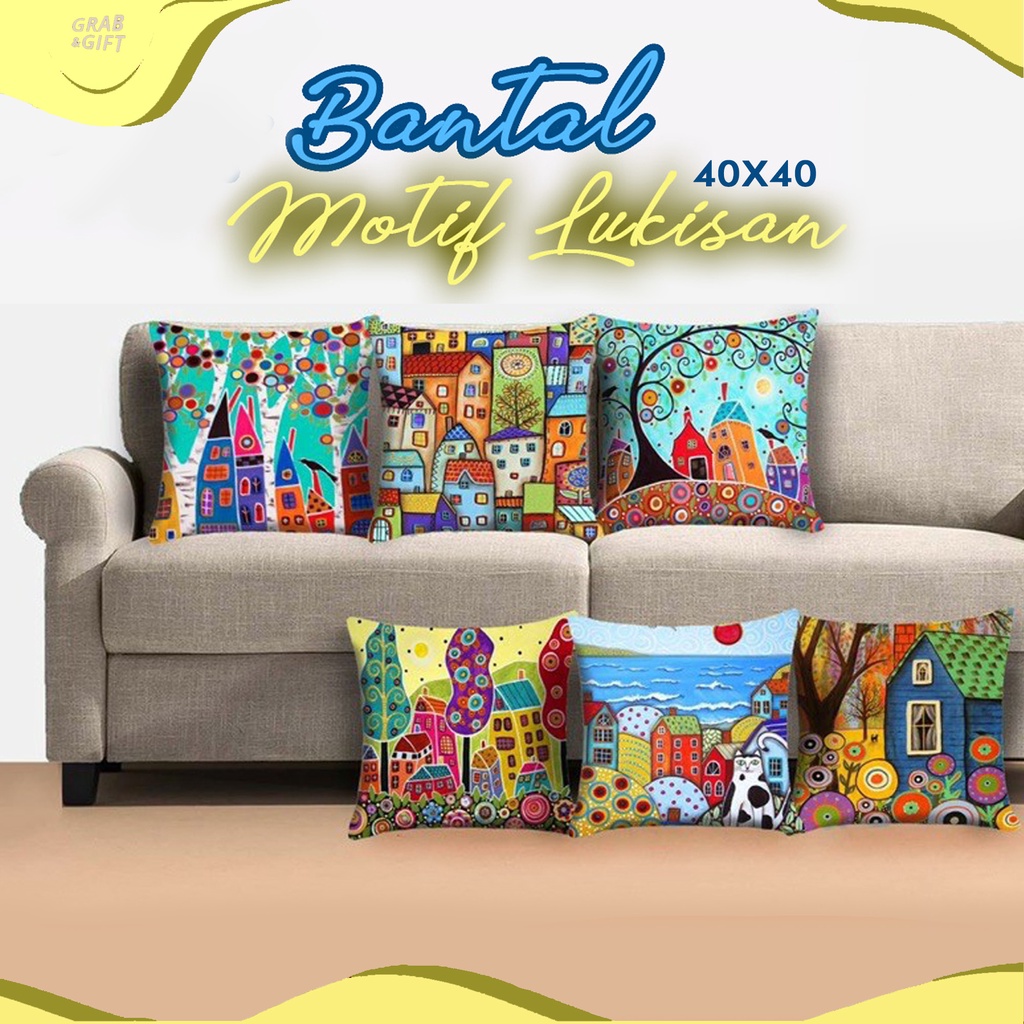 Bantal Sofa Motif Lukisan Rumah Retro Town 40x40 cm