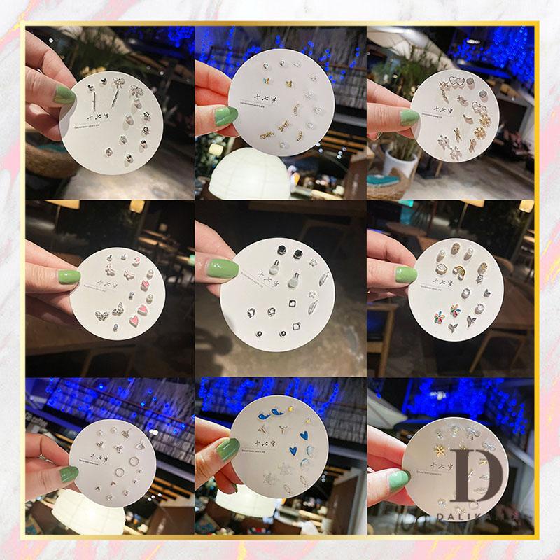Anting Set 14 Pcs / 7 Set Anting Stud Bulat Silver Model Kupu-Kupu Hati Bola Mutiara Kotak-Kotak Hitam Putih Untuk Wanita