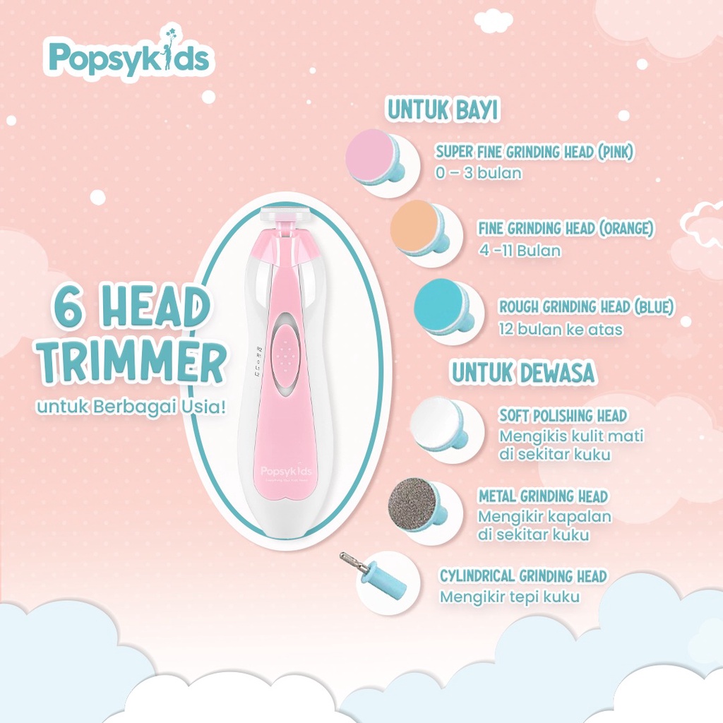 Popsykids Baby Nail Trimmer – Gunting / Pengikir / Pemotong Kuku Bayi Elektrik 6 in 1 LED Light &amp; Light Sound Manicure Pedicure