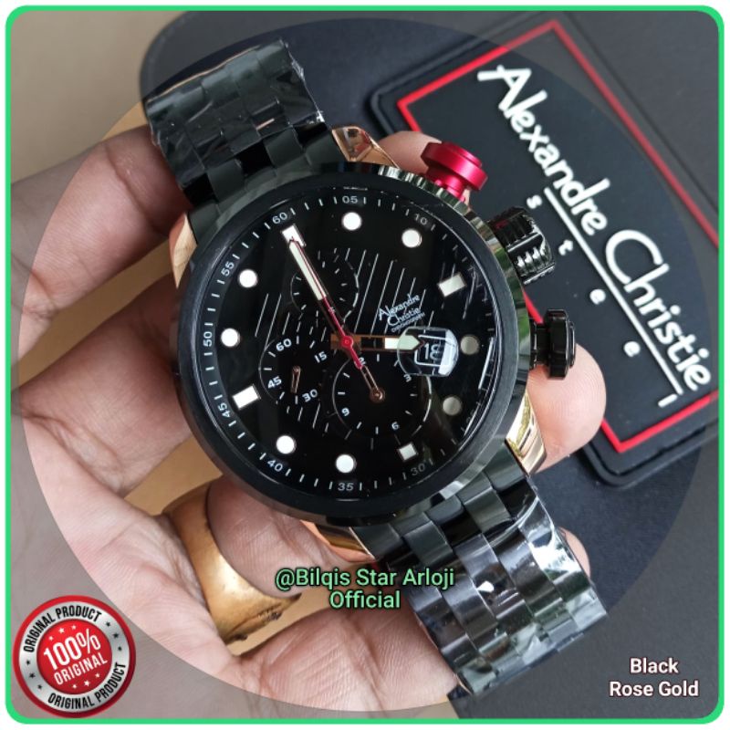Alexandre Christie Pria Ac 6163 Mc Sepaket Tali Rantai Black Rose Gold Original