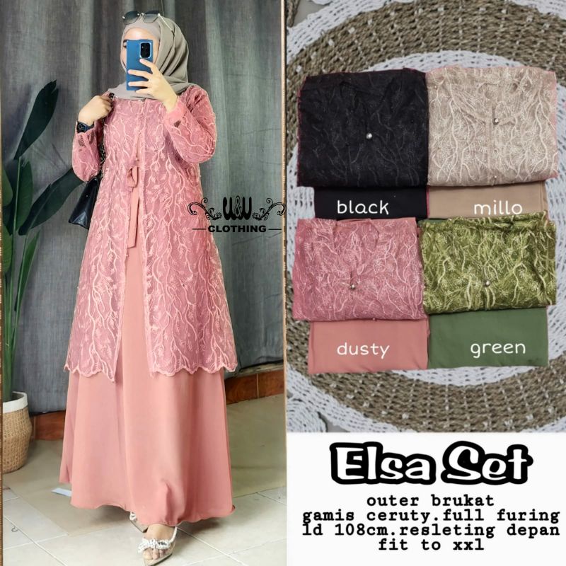 ELSA SET OUTER BROKLAT~ Gamis Ceruty Full puring Terlaris|| Oneset Inner dan Outer