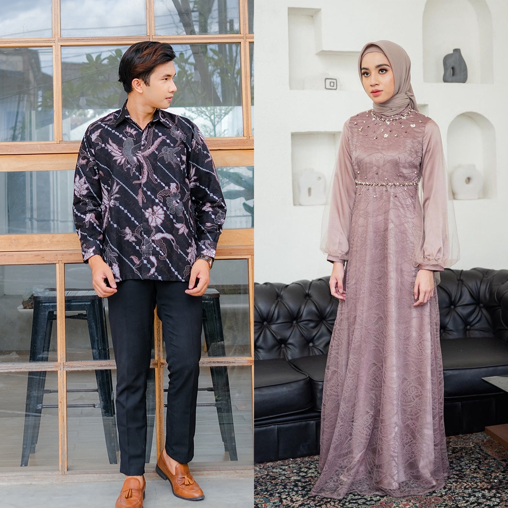 NAYAKA BATIK - Couple Gamis Viona Dress Brokat Mutiara Maxi Pesta Kekinian Baju Couple Pasangan Dress Kondangan Gamis Lebaran