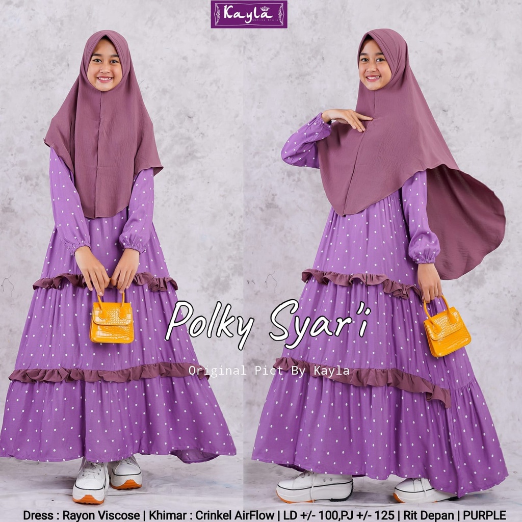 POLKY SYARI BY KAYLA BAHAN RAYON VISCOSE KHIMAR CRINKLE AIRFLOW DRESS MAXI POLKADOT ANAK REMAJA TEEN