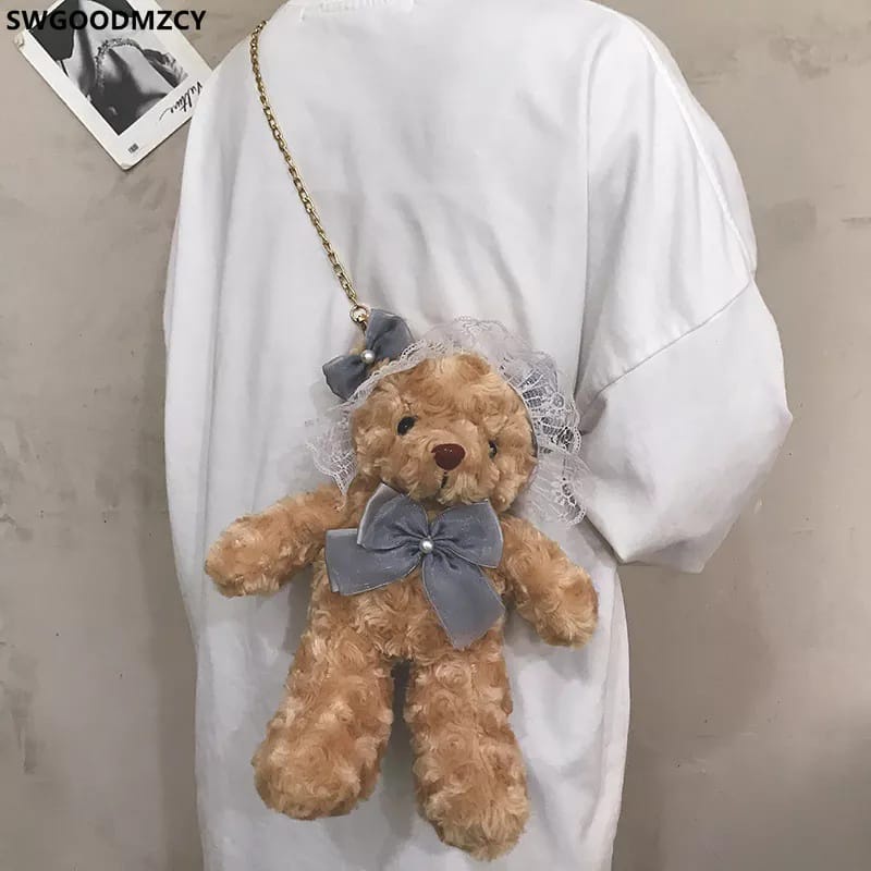 Abrrar Kadabra Tas Boneka Beruang Pita Tas selempang anak Muat HP Bahan Bulu Korea BISA COD