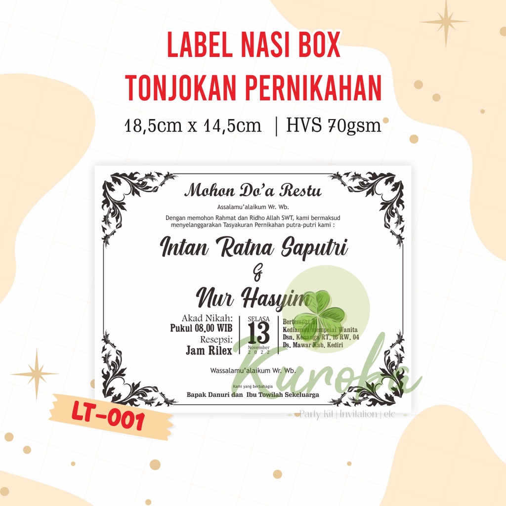 

Label Tonjokah pernikahan Nikah Nasi Kotak HVS 70gsm