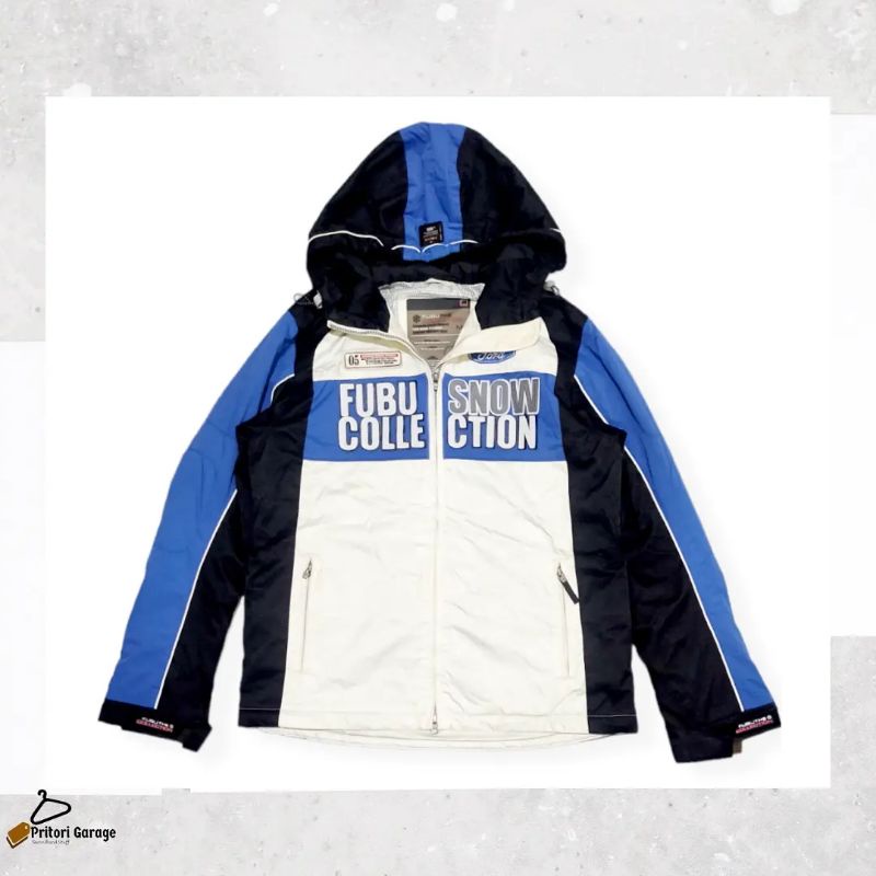 Windbreaker Outdoor Snowboard Jacket Fubu X Ford GT White Blue Black Color Block Vintage