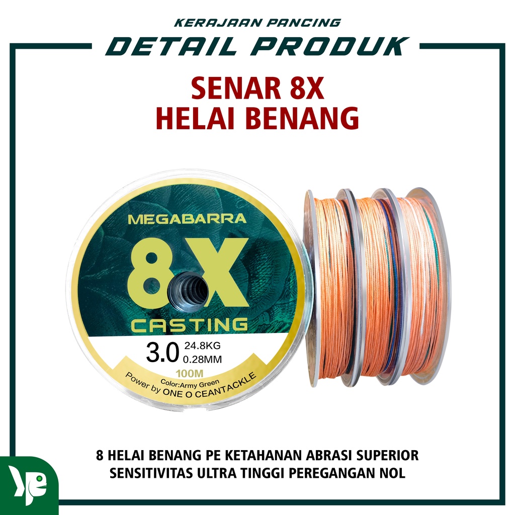 KERAJAAN PANCING - Senar Pancing Megabarra  PE 8x 100m  Helai  Bahan PE Nilon  Pancing Anti keriting