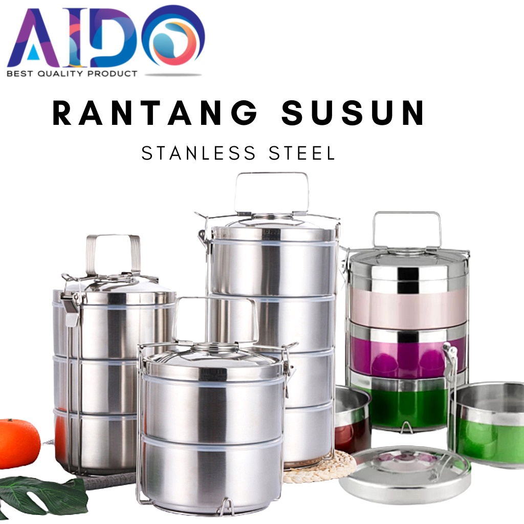 Rantang 4 susun stainless steel tahan panas / rantang piknik / Rantang 4 Susun Stainless Steel Warna Warni 524 8514