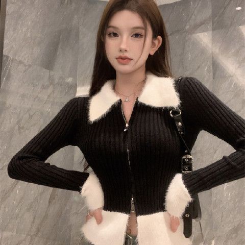 Red Versi Korea dari sweter lengan panjang berbulu wanita musim gugur dan musim dingin desain ceruk temperamen selebritas slim cardigan bottoming top