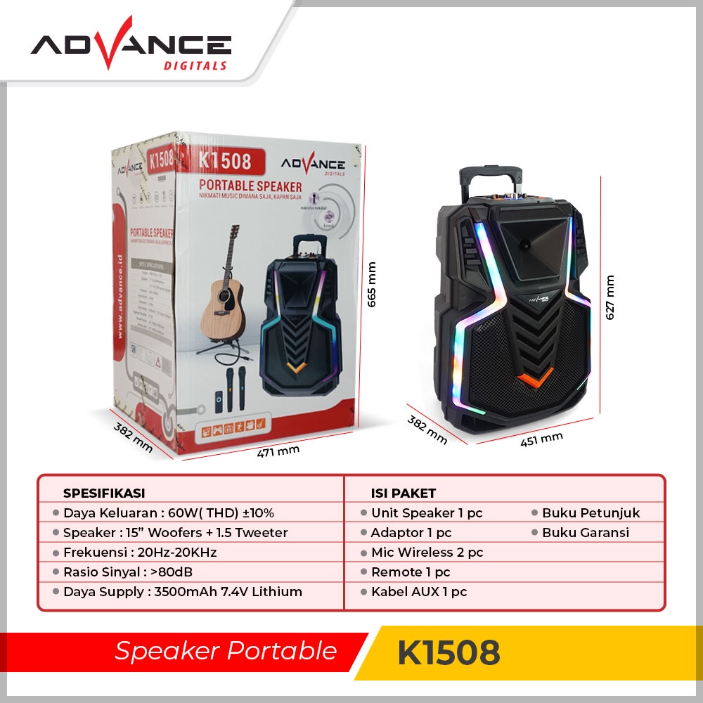 Advance K1508 Speaker Meeting Bluetooth Salon Aktif 15&quot; Gratis 2 Microphone Wireless